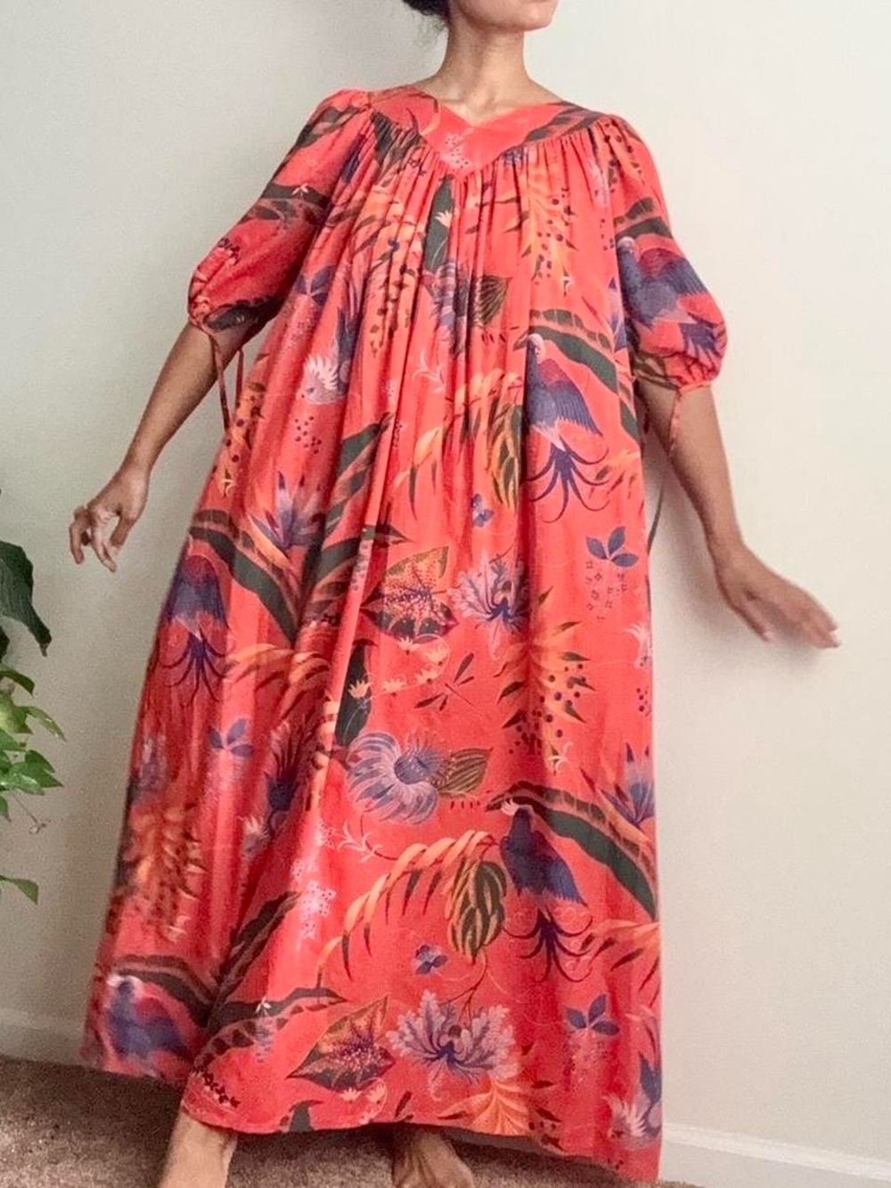 Vintage Tropical Bird Kaftan / Muumuu Small - Large Neiman resort orange beach
